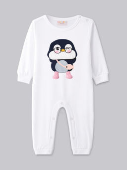 BLUSHES - Cotton Knit Full Sleeve Penguin Printed Romper - White