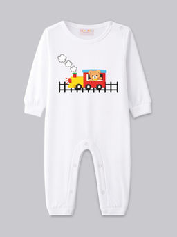 BLUSHES - Cotton Knit Full Sleeve Running Train Printed Romper - White