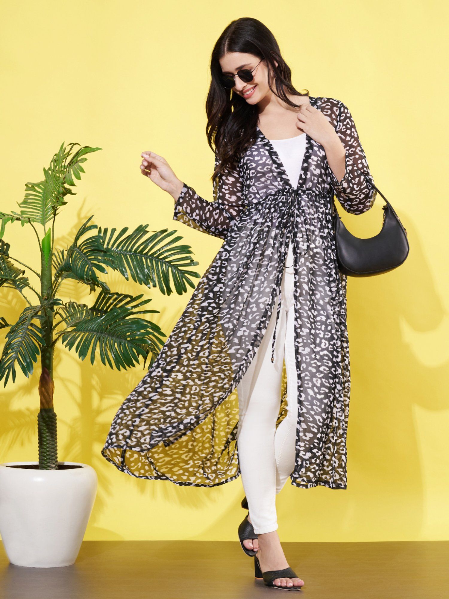 Women Animal Printed Black Chiffon Longline Tie-Up Shrug-picture-20