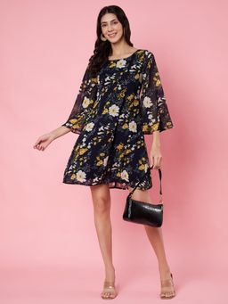 ANVI Be Yourself - Blue Floral Printed Scoop Neck A-Line Mini Dress