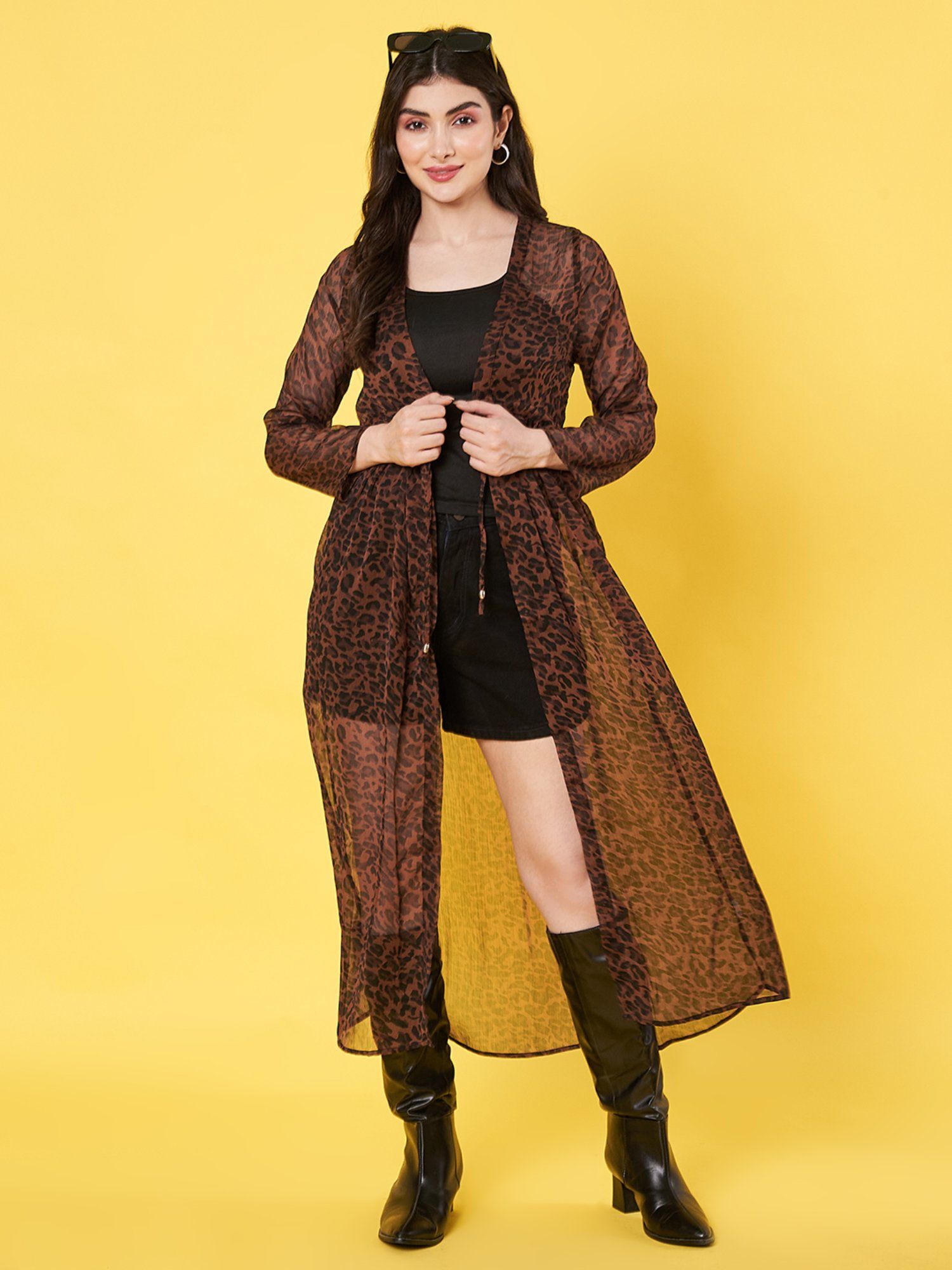 Animal Printed Brown Chiffon Longline Tie-Up Shrug-picture-39