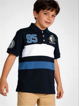R&B - Navy Blue Colorblock Boys Short Sleeves Polo T-Shirt