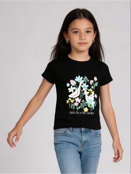 R&B - Black Floral Printed Girls Short Sleeves T-Shirt