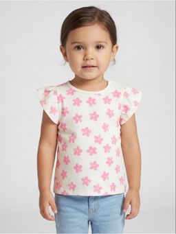 R&B - White Floral Printed Girls Short Sleeves T-Shirt