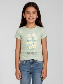 R&B - Green Floral Printed Girls Short Sleeves T-Shirt