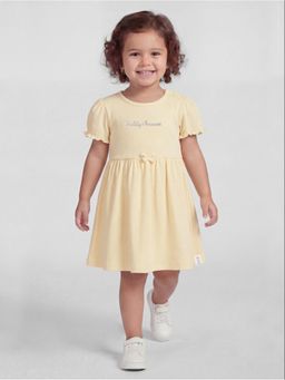R&B - Yellow Typography Printed Short Sleeves Girls Dress
