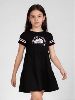 R&B - Black Graphic Printed Short Sleeves Girls Dress