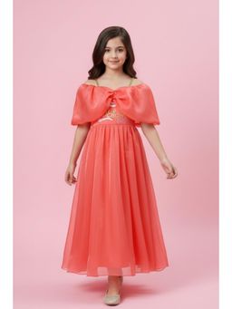 TINY GIRL - Peach Barbie Woven Cold Shoulder Placement Printed Dress