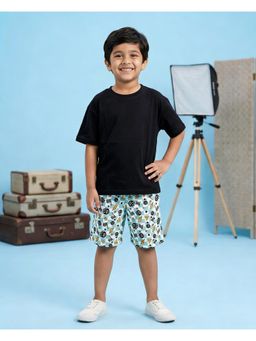 KiddoPanti - Boys Black Cotton Knit Solid Drop Shoulder T-Shirt & AOP Printed Shorts