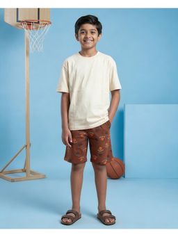 KiddoPanti - Boys Off White Cotton Knit Solid Drop Shoulder T-Shirt & AOP Printed Shorts