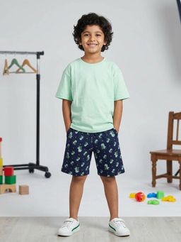 KiddoPanti - Boys Blue Cotton Knit Solid Drop Shoulder T-Shirt & AOP Printed Shorts
