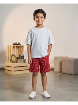 KiddoPanti - Boys White Cotton Knit Solid Drop Shoulder T-Shirt & AOP Printed Shorts