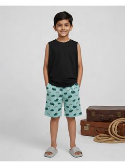 KiddoPanti - Boys Black Cotton Knit Solid Sleeveless T Shirt & AOP Printed Shorts