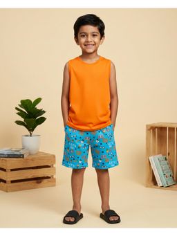KiddoPanti - Boys Orange Cotton Knit Solid Sleeveless T Shirt & AOP Printed Shorts