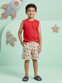 KiddoPanti - Boys Red Cotton Knit Solid Sleeveless T Shirt & AOP Printed Shorts