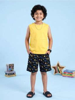KiddoPanti - Boys Yellow Cotton Knit Solid Sleeveless T Shirt & AOP Printed Shorts