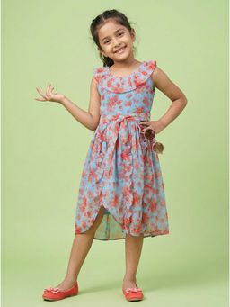 KiddoPanti - Girls Blue Frilled Neck Line Polyester Sleeveless Flower Printed Dress