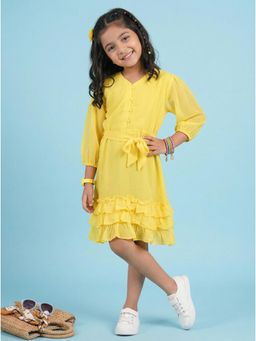 KiddoPanti - Girls Polyester Woven Three Fourth Sleeves Solid Ruffle Dress