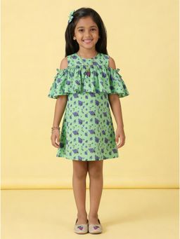 KiddoPanti - Girls Green Cotton Sleeveless Floral Printed Could Shoulder Dress