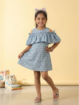 KiddoPanti - Girls Blue Cotton Sleeveless Floral Printed Could Shoulder Dress