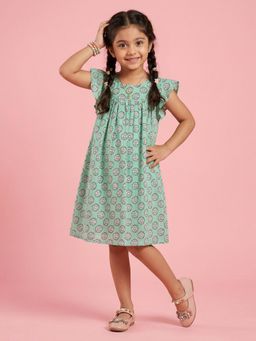 KiddoPanti - Girls Cotton Frill Cap Sleeves Floral Printed Dress