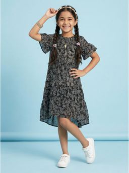 KiddoPanti - Girls Polyester Half Sleeves Petal Printed Bottom Layer Frill Dress