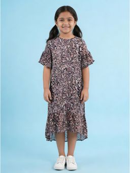 KiddoPanti - Girls Polyester Woven Half Sleeves Animal Printed Bottom Layer Frill Dress
