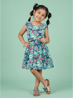 KiddoPanti - Girls Aqua Frilled Neck Line Polyester Sleeveless Flower Printed Dress