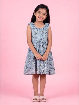 KiddoPanti - Girls Frilled Neck Line Georgette Sleeveless Floral Printed Dress
