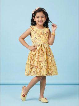KiddoPanti - Girls Yellow Frilled Neck Line Polyester Sleeveless Flower Printed Dress
