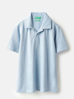 United Colors of Benetton - Blue Relaxed Fit Floral Textured Polo T-Shirt