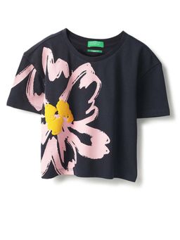 United Colors of Benetton - Navy Blue Cropped Fit Round Neck Floral Print Pique T-Shirt