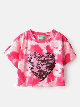 United Colors of Benetton - Green Cropped Fit Round Neck Sequined T-Shirt