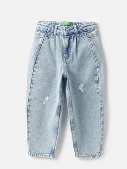 United Colors of Benetton - Blue Solid Slouchy Fit Damage Washed Denim Jeans