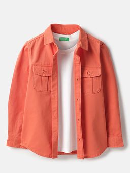 United Colors of Benetton - Rust Boxy Fit Spread Collar Solid Twill Shirt with T-Shirt
