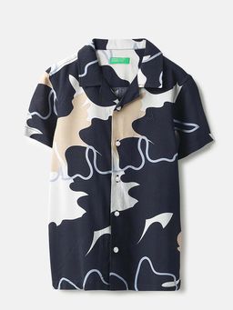 United Colors of Benetton - Navy Blue Regular Fit Resort Collar Printed Shirt