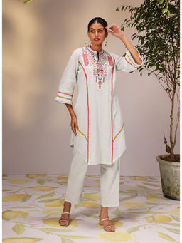 Lakshita - Aisha Powder White Embroidered Cotton Designer Kurta and Pant (Set of 2)