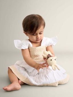 My Milestones - Girls White Colorblock Knee Length Dress