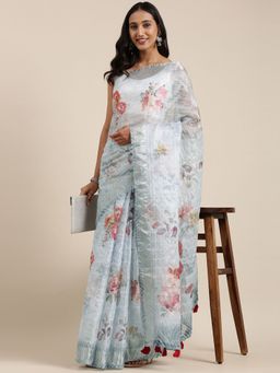 Vastranand - Grey & Pink Floral Embroidered Organza Saree with Unstitched Blouse