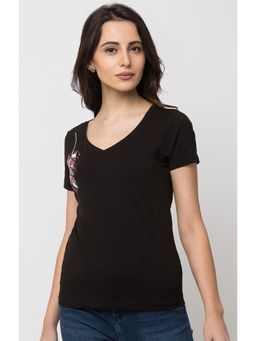 Spykar - Black Cotton Regular Fit T-Shirt for Women