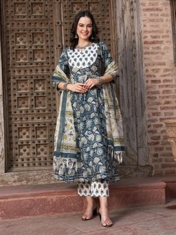 Gahan - Cotton Embellished-Sequinned Floral Navy Blue Kurta Pant & Dupatta (Set of 3)