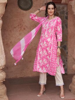 Gahan - Cotton Sequinned Floral with Crochet Lace Pink Kurta Pant & Dupatta (Set of 3)