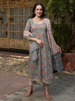 Gahan - Cotton Sequinned Paisley & Floral with Gota Green Kurta Pant & Dupatta (Set of 3)