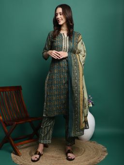 Gahan - Cotton Gota Embellished Paisley Block Green Kurta Pant & Dupatta (Set of 3)