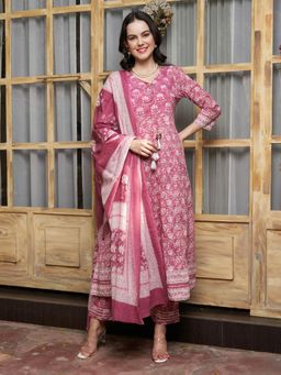 Gahan - Cotton Yoke Sequinned Embellished Floral Pink Anarkali Pant & Dupatta (Set of 3)