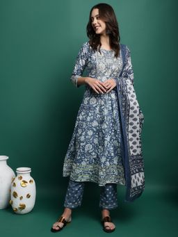 Gahan - Cotton Embroidered & Gota Embellished Floral Blue Kurta Pant & Dupatta (Set of 3)