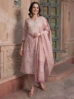 Gahan - Cotton Sequinned & Embroidered Abstract Mauve Kurta Pant & Dupatta (Set of 3)