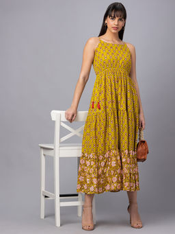 Globus - Women Green Printed Strappy Fit And Flare Tiered Dress
