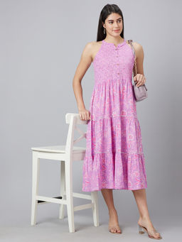 Globus - Women Mauve Printed Mandarin Collar Fit And Flare Midi Tiered Dress