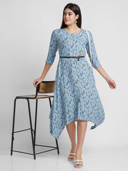 Globus - Women Blue Printed Round Neck A-line Belted Midi Dress (Set of 2)